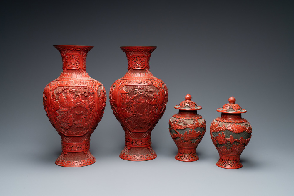 Two pairs of Chinese red cinnabar lacquer vases, 19/20th C.