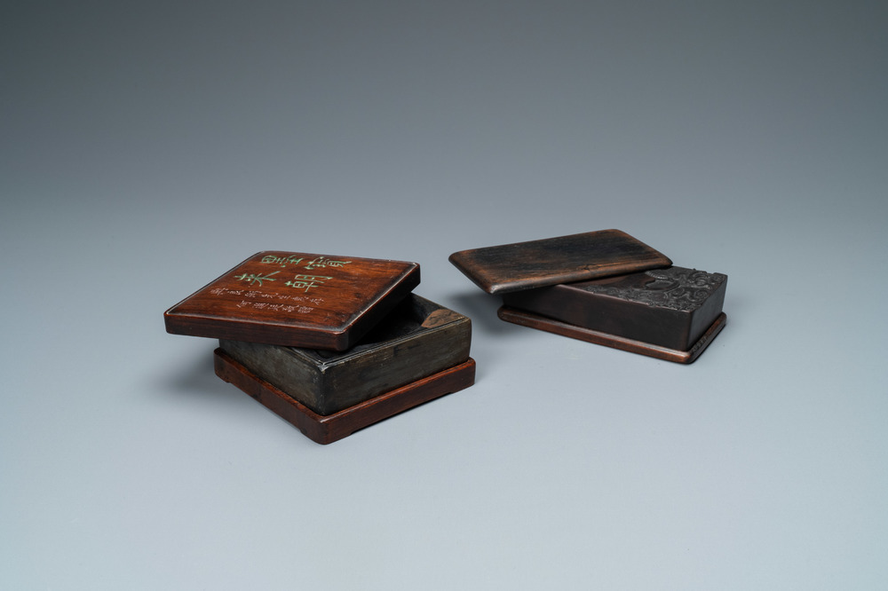 Two Chinese 'duan' ink stones in wooden cases, 19/20th C.