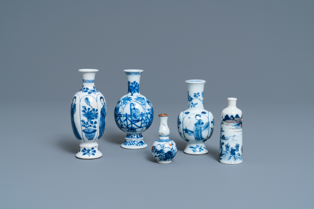 Five Chinese mostly blue and white vases, Kangxi