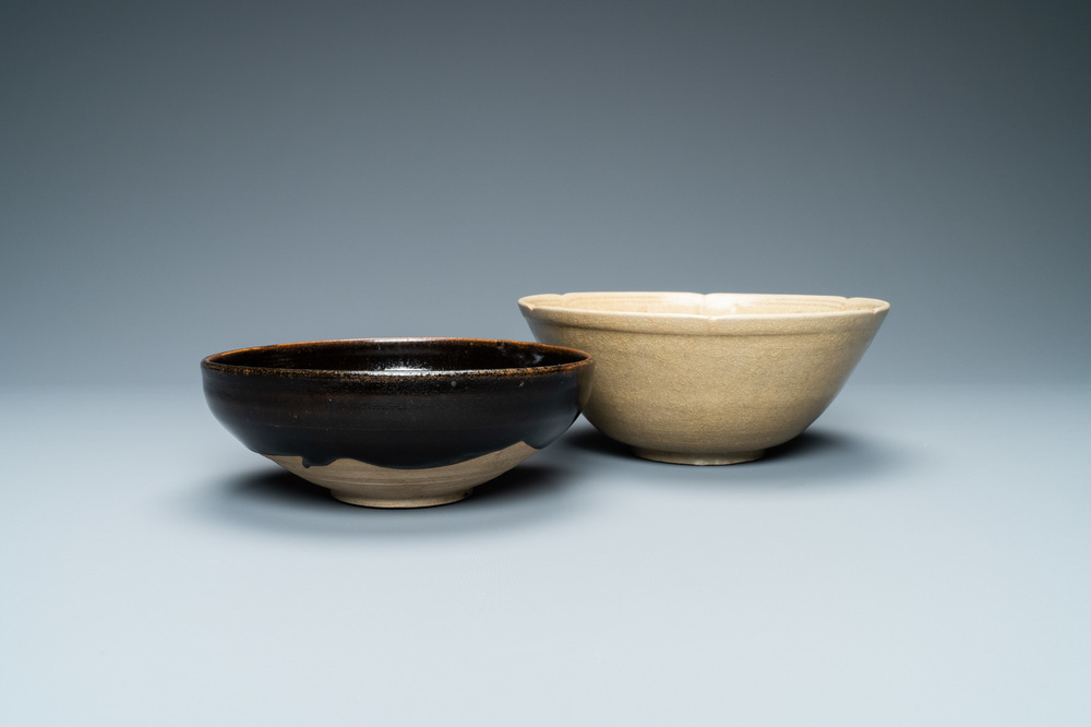A Chinese black-glazed Cizhou bowl and a cream-glazed incised bowl, Song and/or later