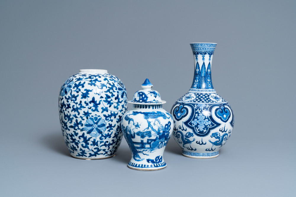 Three Chinese blue and white vases, 19th C.