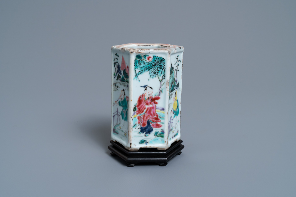 A hexagonal Chinese famille rose brush pot with figurative panels, Yongzheng