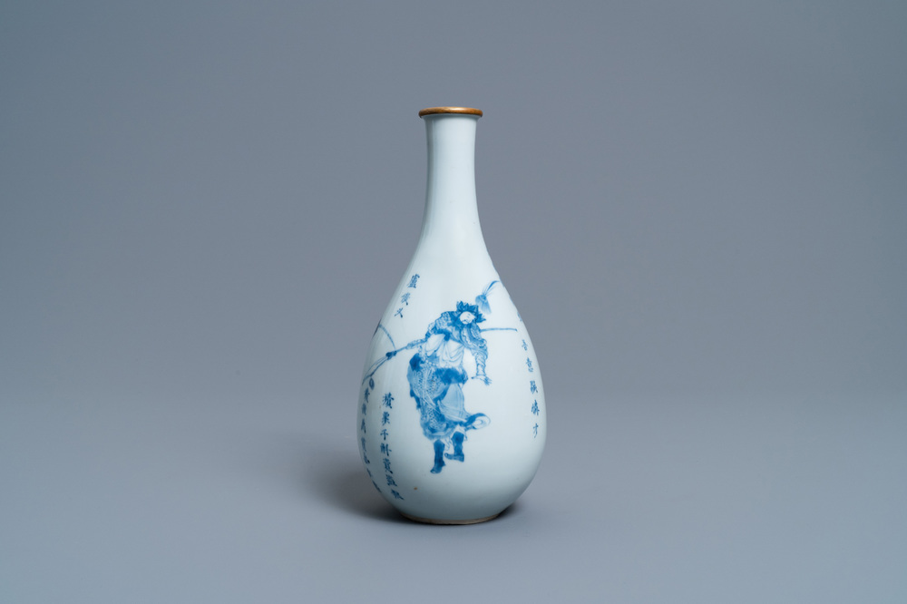 A Chinese blue and white pear-shaped 'Shuihu Zhuan' vase, Shunzhi/Kangxi