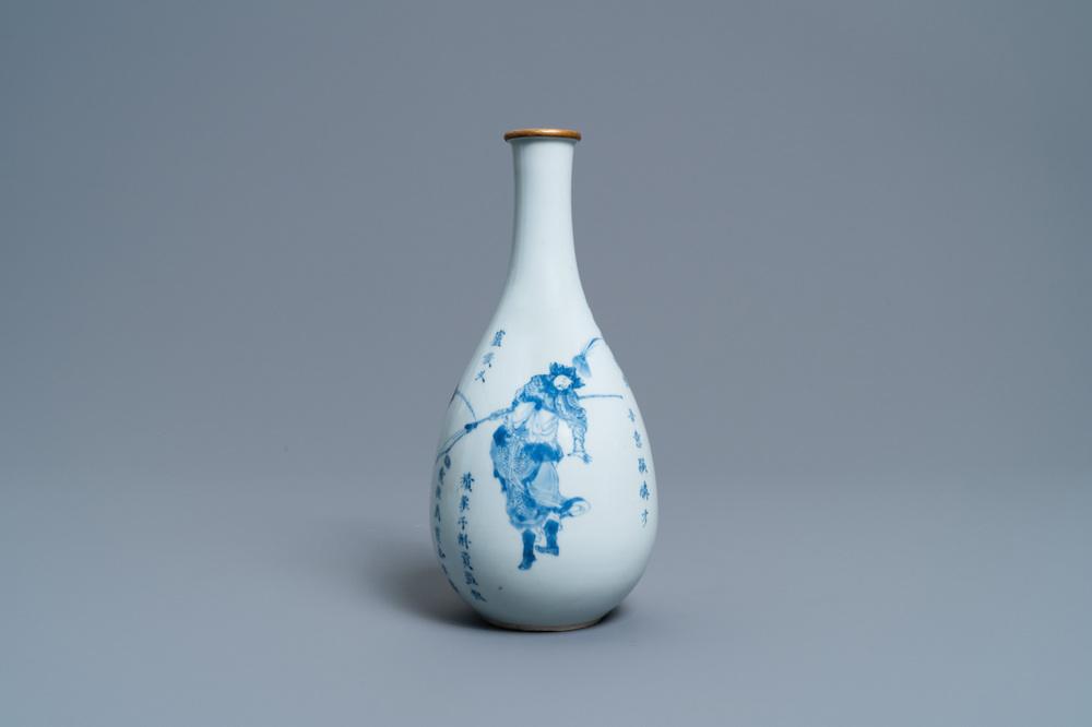 A Chinese blue and white pear-shaped 'Shuihu Zhuan' vase, Shunzhi/Kangxi