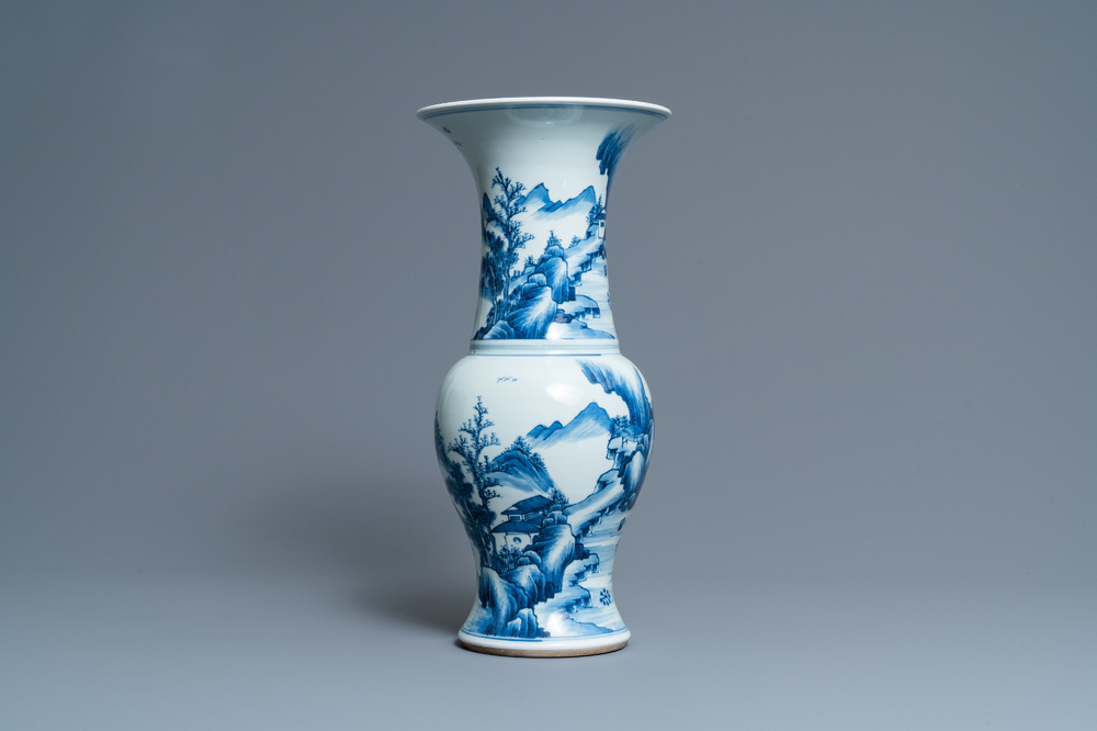 A Chinese blue and white 'yenyen' vase with fishermen in a mountainous landscape, Kangxi