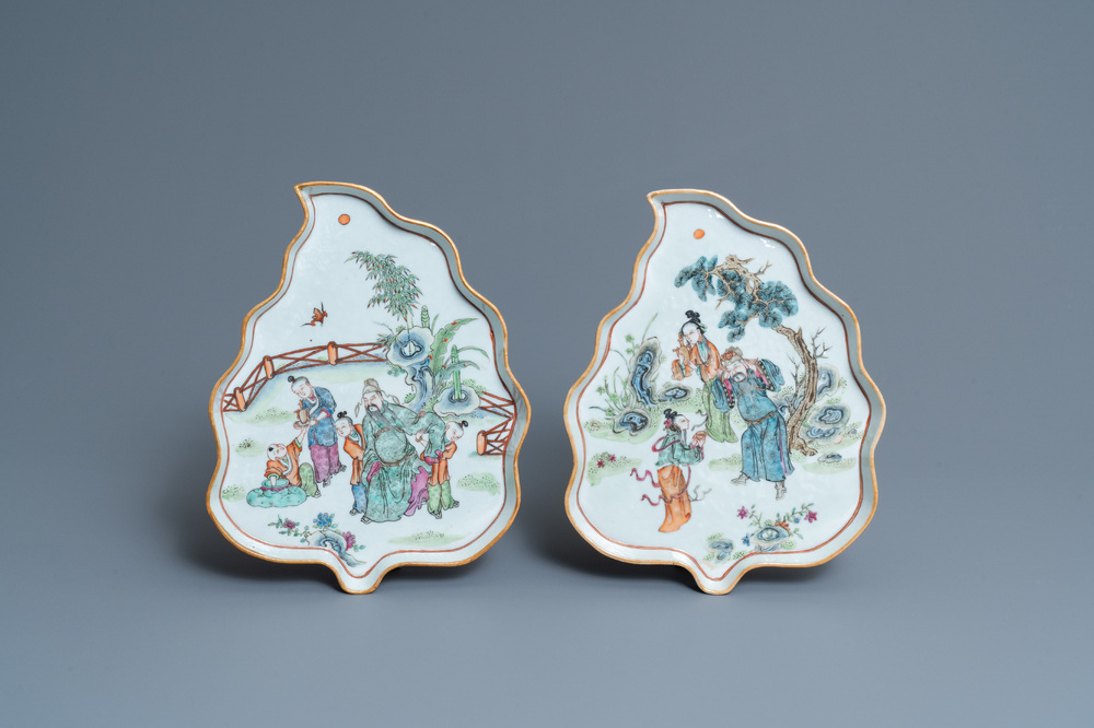 Two Chinese leaf-shaped famille rose dishes, 19th C.