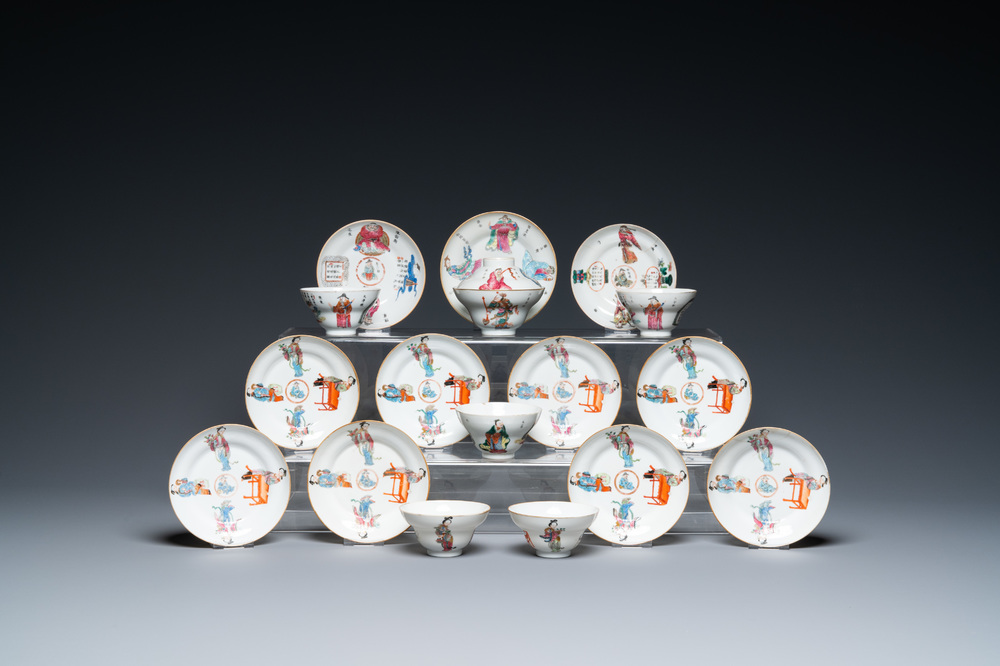 Elf Chinese famille rose 'Wu Shuang Pu' schotels en zes koppen, overwegend Daoguang merk en periode