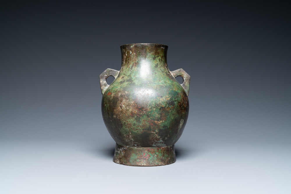 A Chinese archaistic bronze 'hu' vase with inscription, Ming