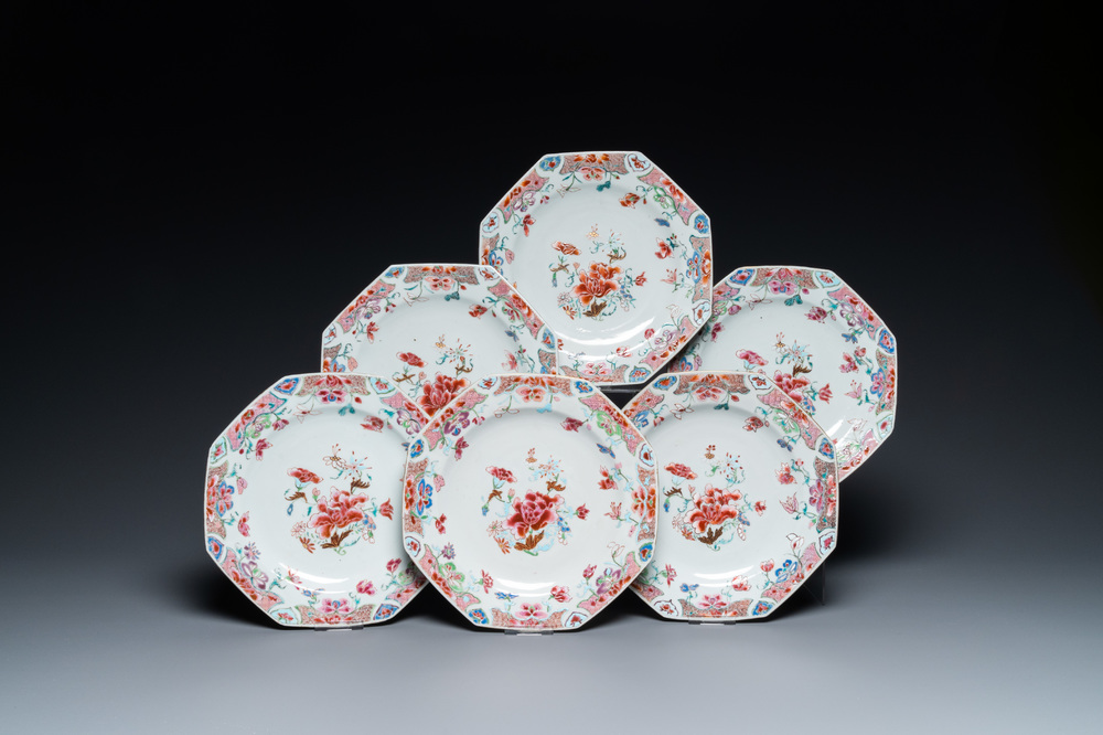 Six Chinese octagonal famille rose plates, Qianlong