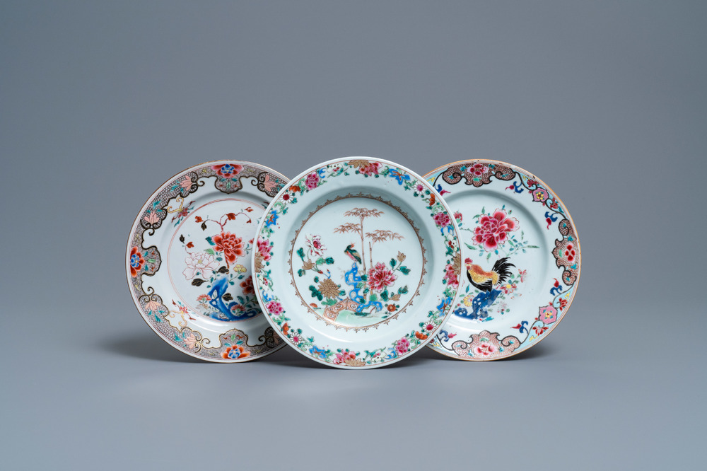 Three Chinese famille rose plates, Yongzheng/Qianlong