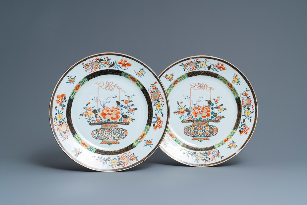 A pair of Chinese famille verte 'flower basket' dishes, Yongzheng