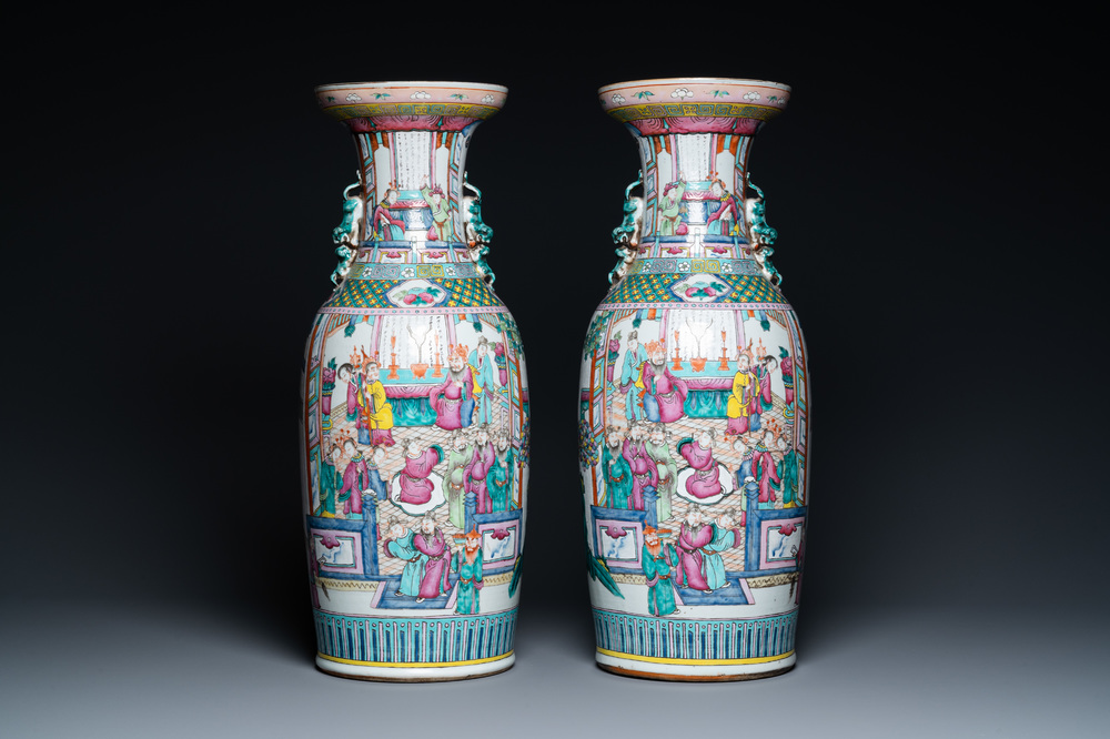 A pair of Chinese famille rose vases with temple scenes, 19th C.
