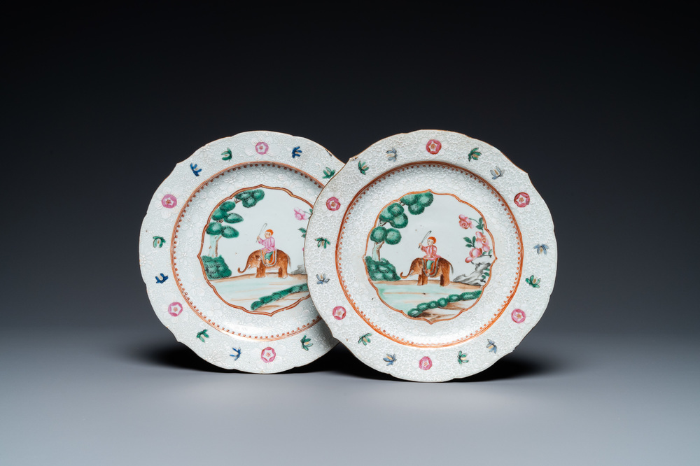 A pair of Chinese famille rose Indian market plates with an elephant and rider, Qianlong