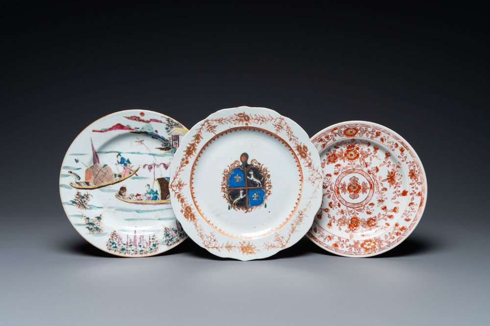 A Chinese famille rose plate, an armorial plate and an iron-red and gilt plate, Kangxi/Qianlong