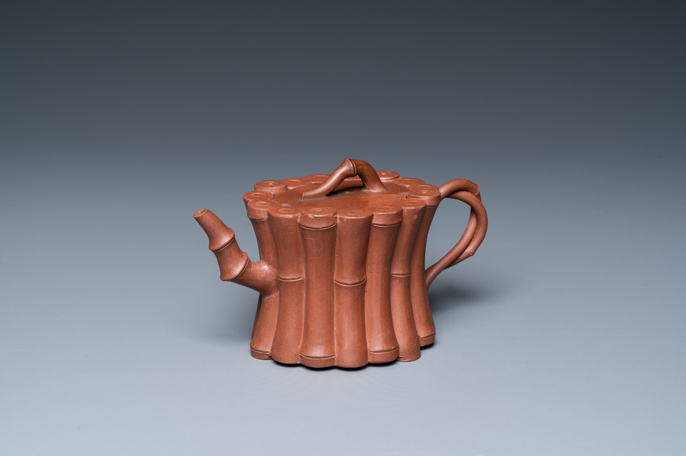 A Chinese Yixing stoneware 'bamboo' teapot and cover, Kangxi