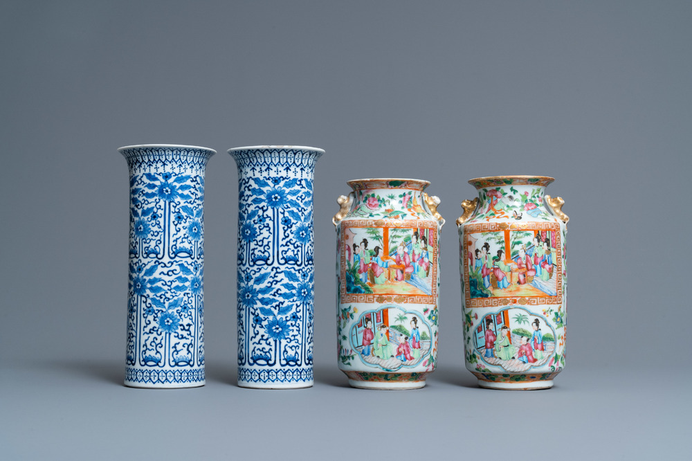 A pair of Chinese blue and white and a pair of Canton famille rose vases, 19th C.
