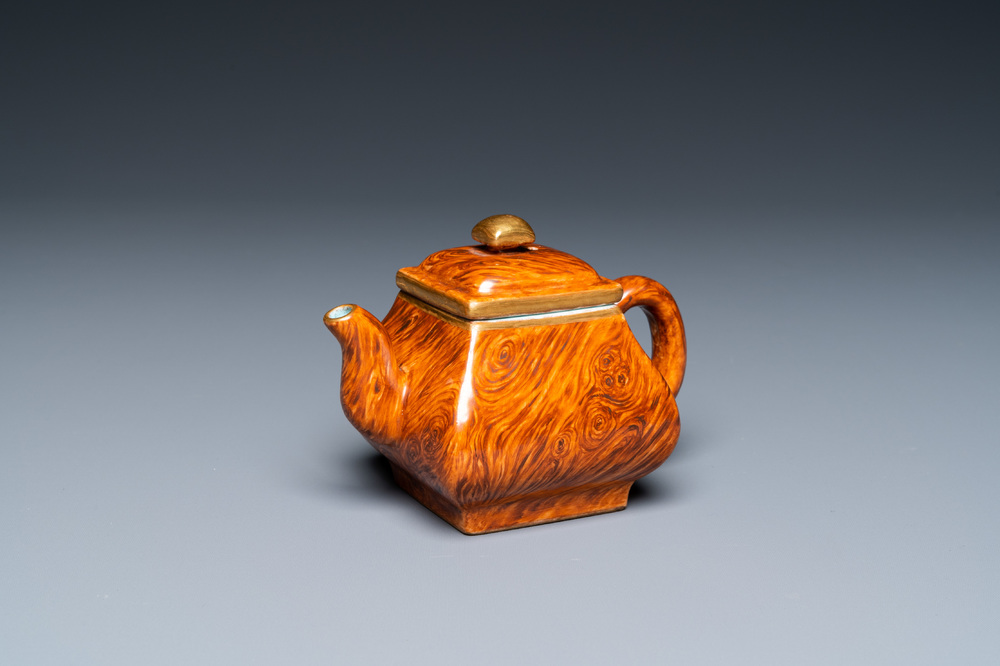 A Chinese 'faux-bois' teapot and cover, Qianlong mark, Republic