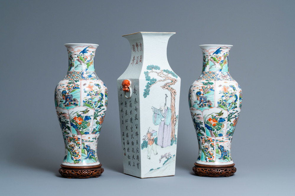 A square Chinese qianjiang cai vase and a pair of Samson famille verte vases, 19th C.