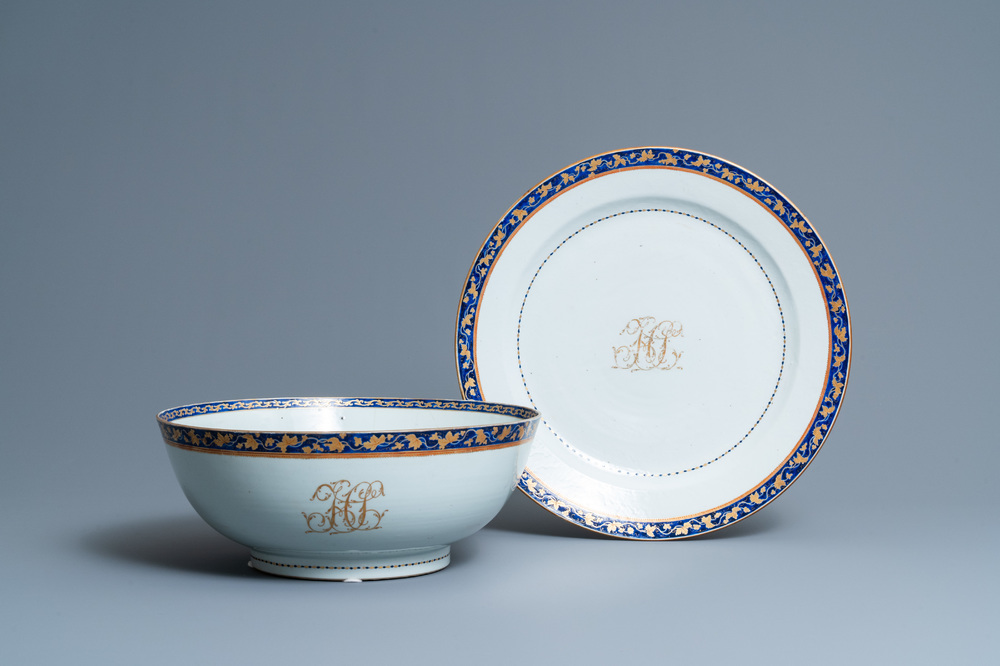 A large Chinese monogrammed export porcelain punchbowl and dish, Qianlong