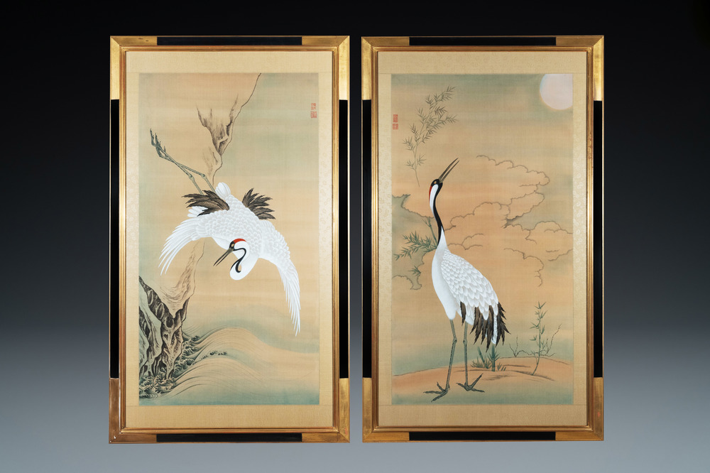 Chinese school, ink and color on paper: 'Two cranes', 20th C.