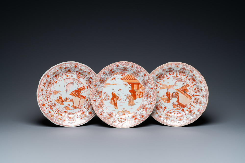 Three Chinese lotus-molded iron-red and gilt dishes, Kangxi