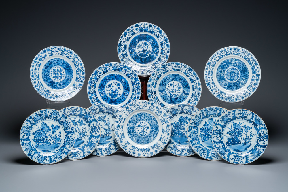 Twelve Chinese blue and white plates, Kangxi