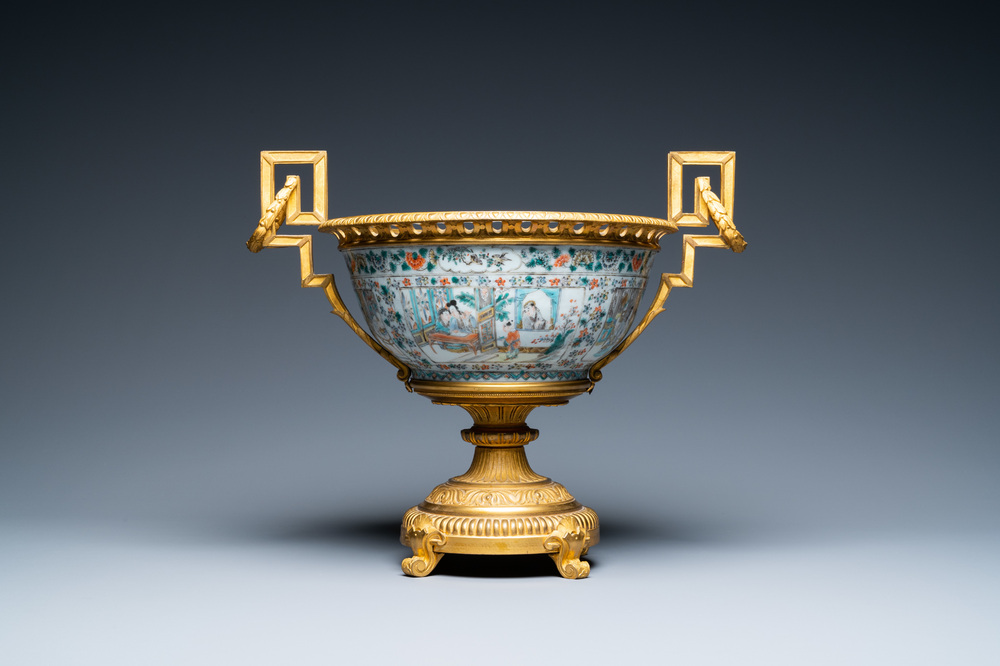 A Chinese gilt bronze-mounted Canton famille verte bowl, 19th C.