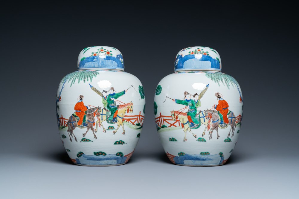 A pair of Chinese wucai jars and covers, Wanli mark, 19th C.