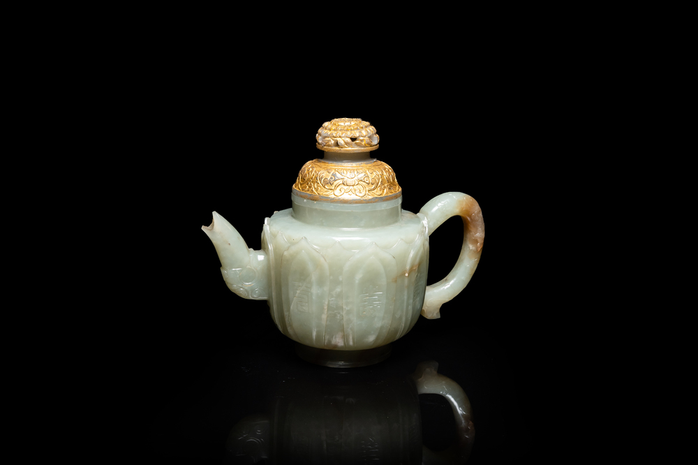 A Chinese pale celadon jade teapot and cover, Qing