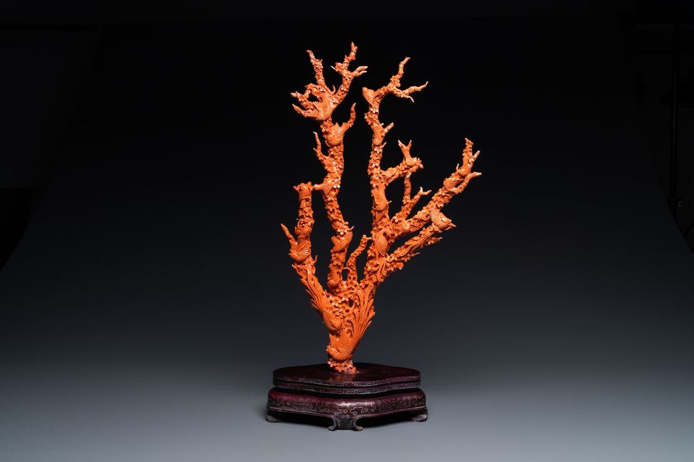 A large Chinese carved red coral group with birds on floral branches, 19/20th C.