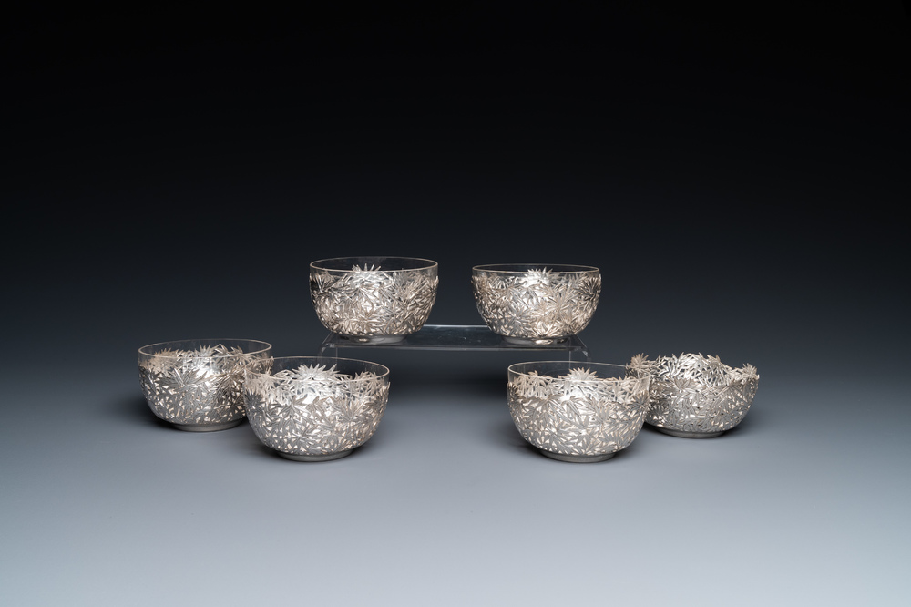 Six Chinese reticulated silver 'bamboo' bowls with glass inserts, 19/20th C.