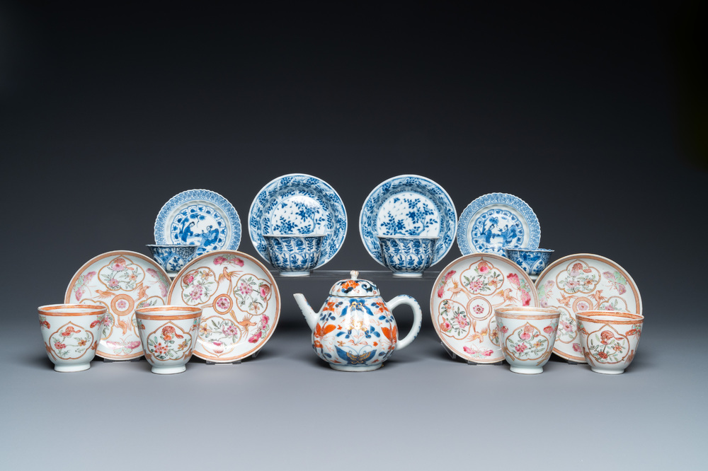 Eight Chinese blue and white and famille rose cups and saucers and an Imari-style teapot, Kangxi/Qianlong