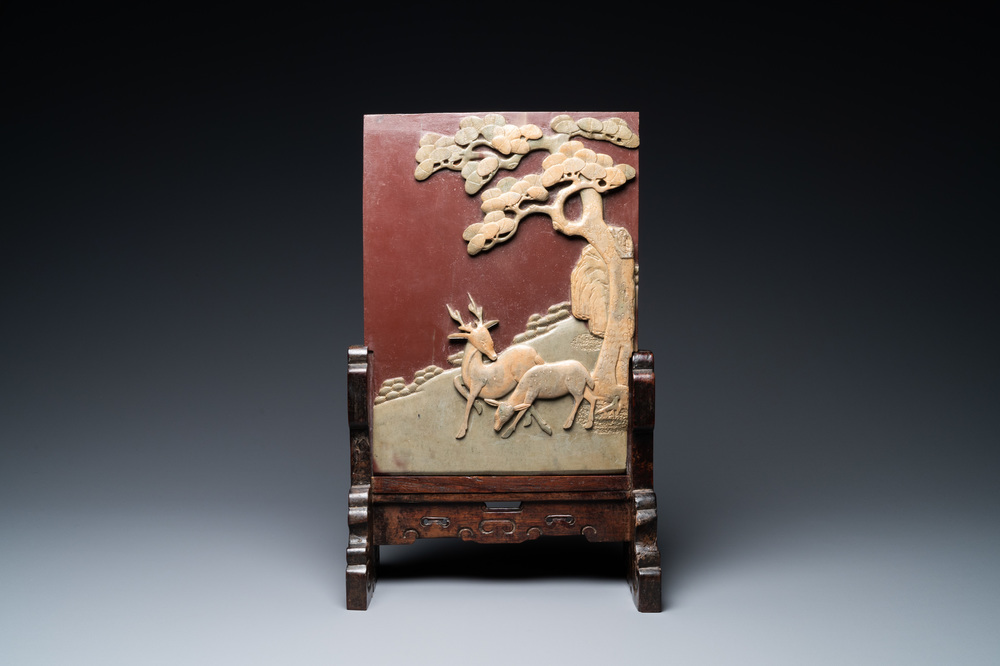 A Chinese wooden table screen with 'duan' stone plaque, 19th C.