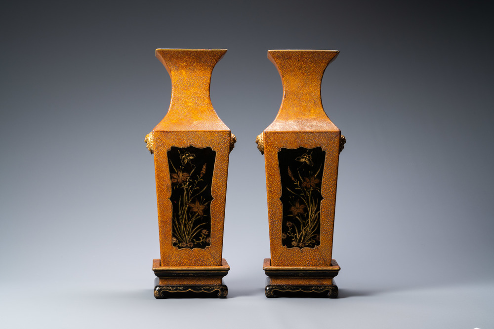 A pair of Japanese square lacquerware and rayskin vases on stands, Meiji, 19th C.