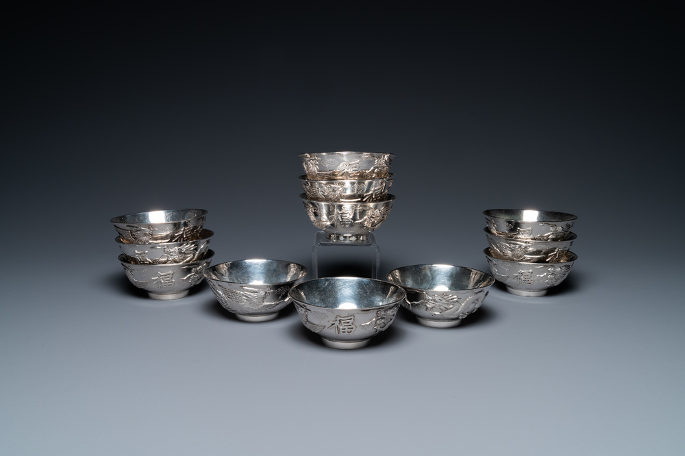 Twelve Chinese silver 'dragon and phoenix' bowls, Republic