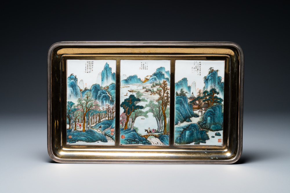 Three Chinese qianjiang cai plaques in a 'Wolfers' gilded silver tray, Republic