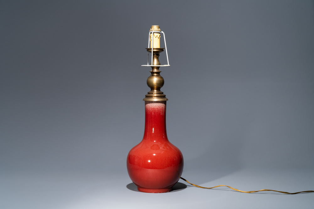 A Chinese monochrome langyao-glazed bottle vase transformed into a lamp, 19th C.