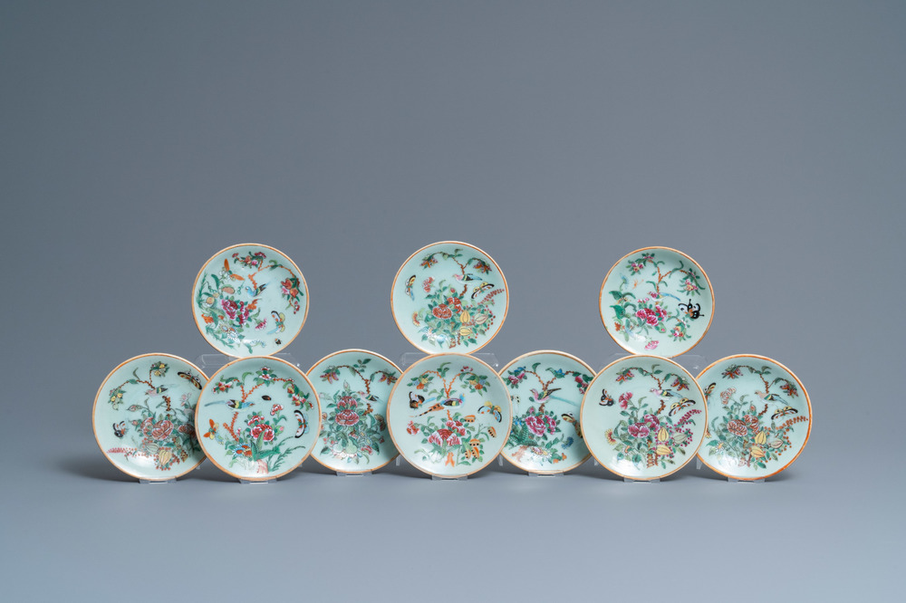 Ten Chinese Canton famille rose celadon-ground plates, 19th C.