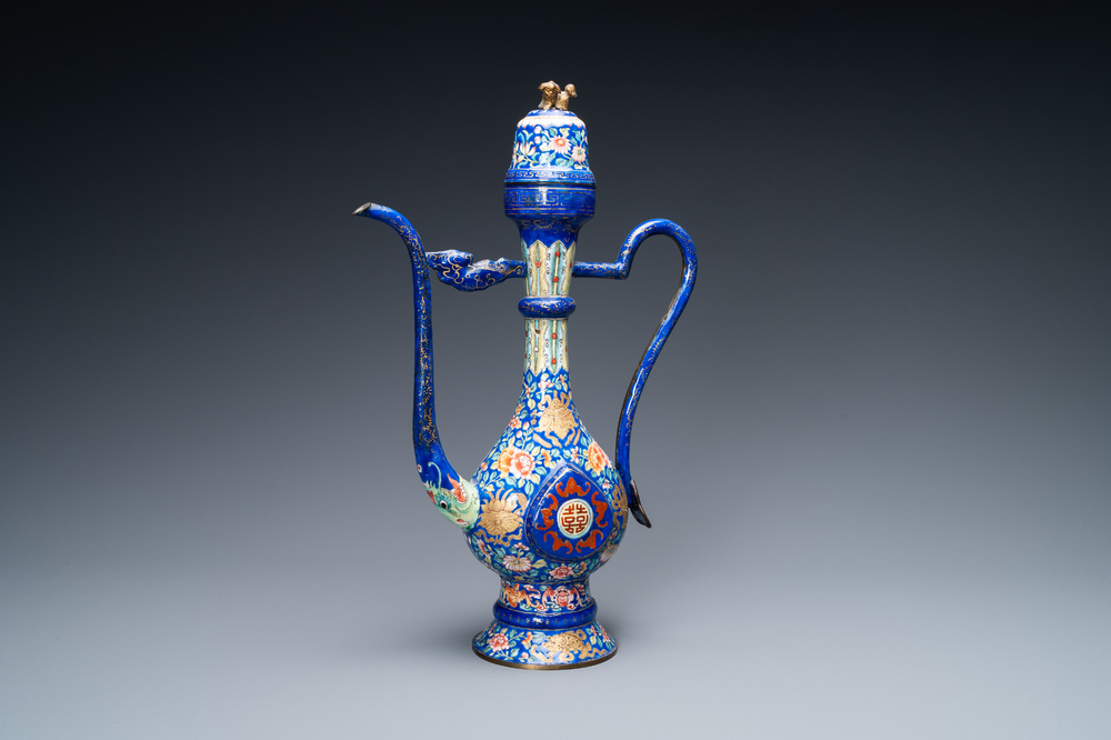 A large Chinese Canton enamel ewer and cover for the Vietnamese market, 19th C.