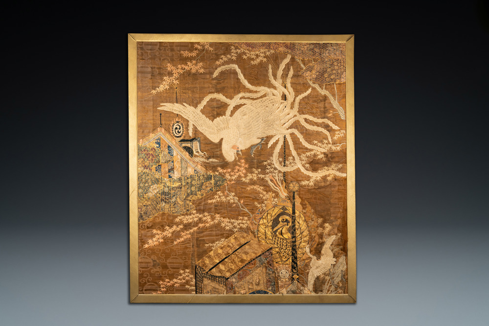 A large Japanese silk embroidery with a phoenix, Meiji, 19th C.