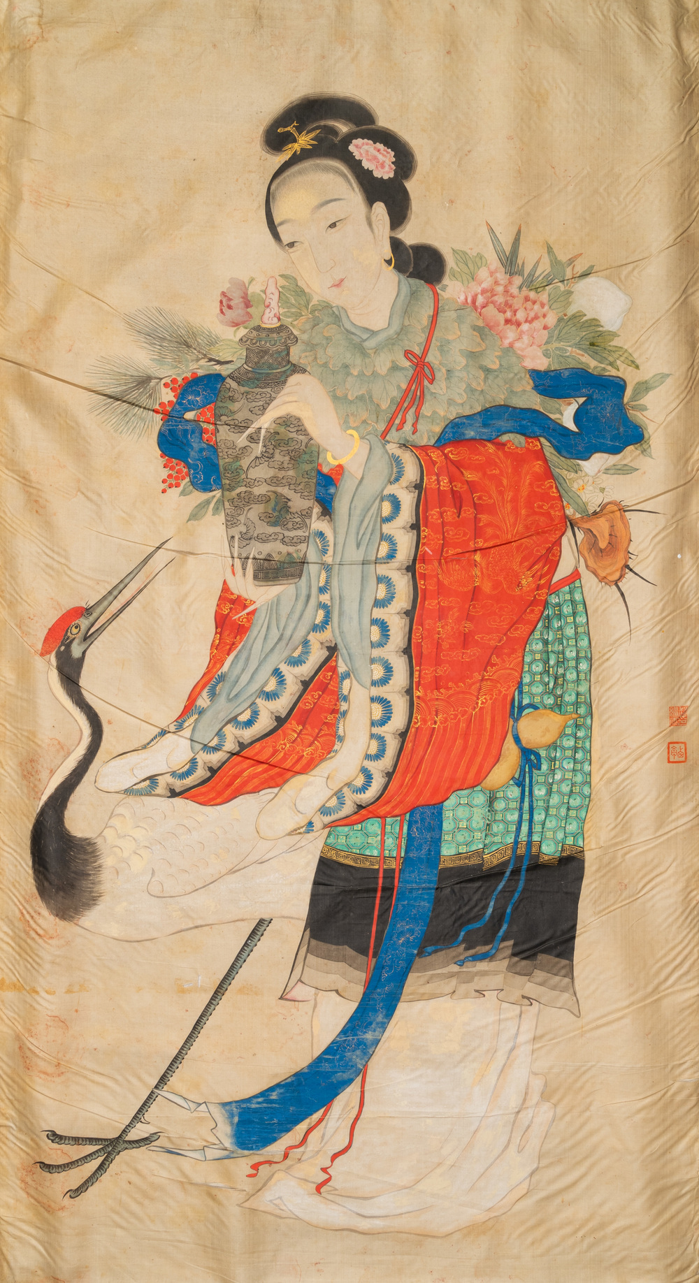 Chinese school, ink and color on silk: 'Magu with a crane', 18/19th C.