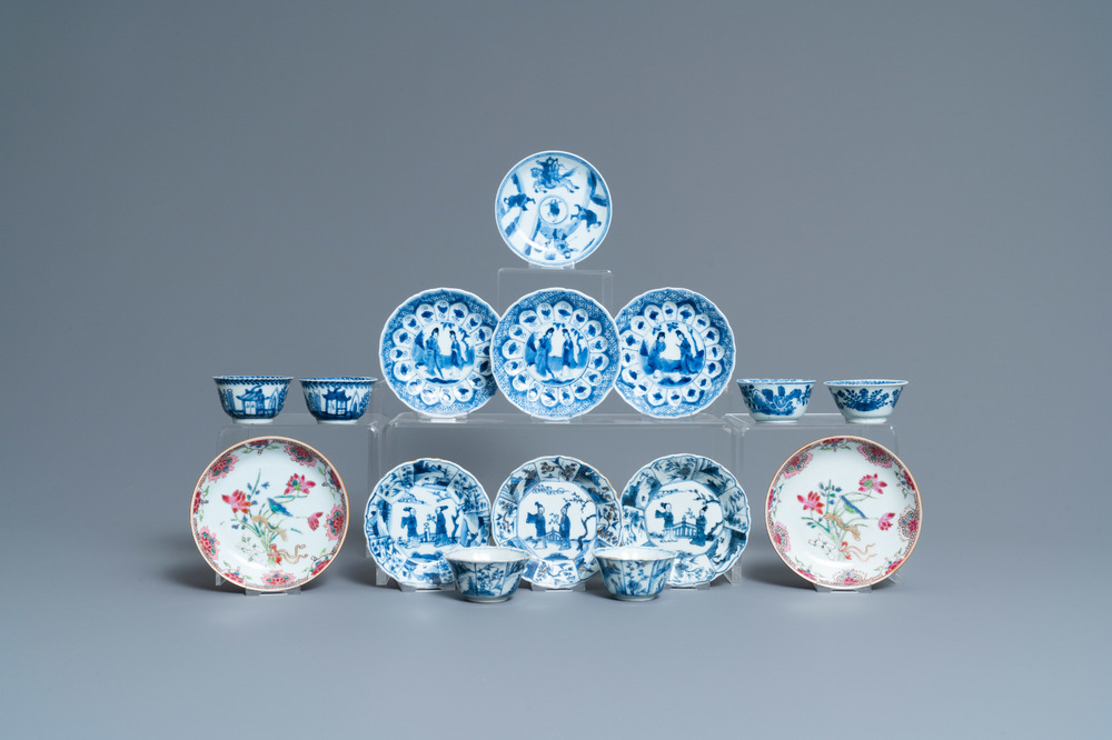 Negen Chinese blauw-witte en famille rose schotels en zes koppen, Kangxi/Qianlong