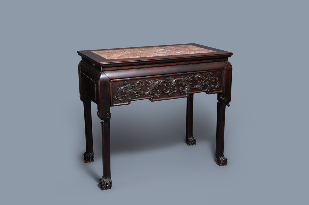 A Chinese wooden marble top table, 19/20th C.