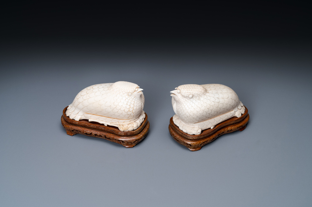 A pair of Chinese ivory quail-shaped boxes on inlaid wooden stands, Republic