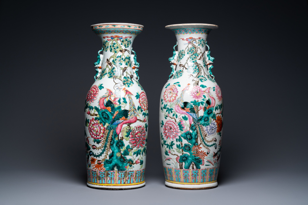 Two Chinese famille rose vases with phoenixes and pheasants, 19th C.