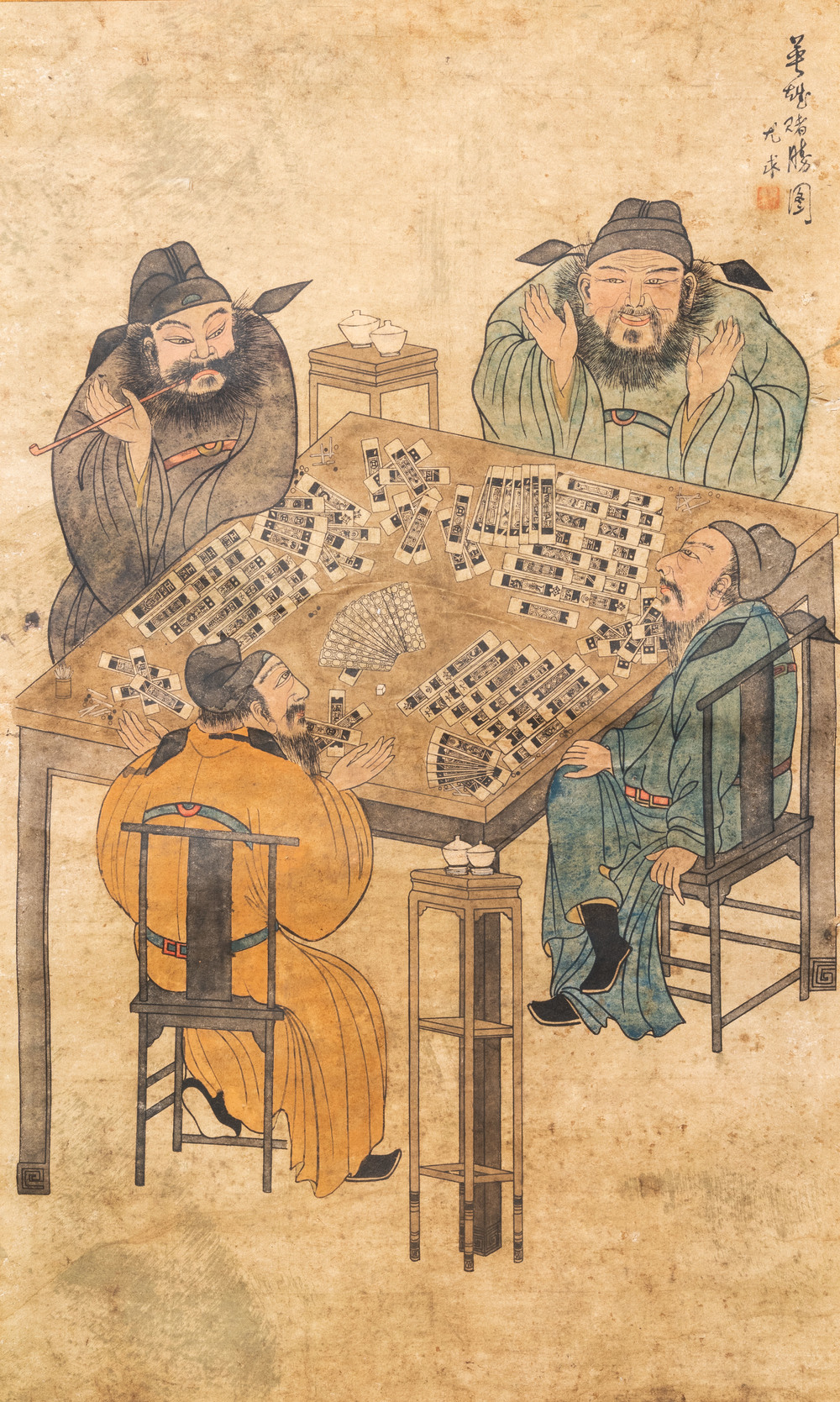 Naar You Qiu (ca. 1525-1580), druk opgehoogd met inkt en kleur op papier: 'Vier mahjong-spelers', 20e eeuw