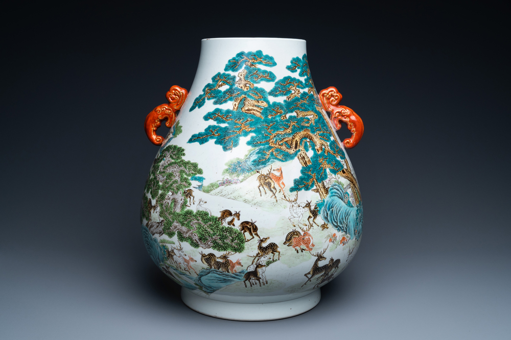 A Chinese famille rose '100 deer' 'hu' vase, Qianlong mark, Republic