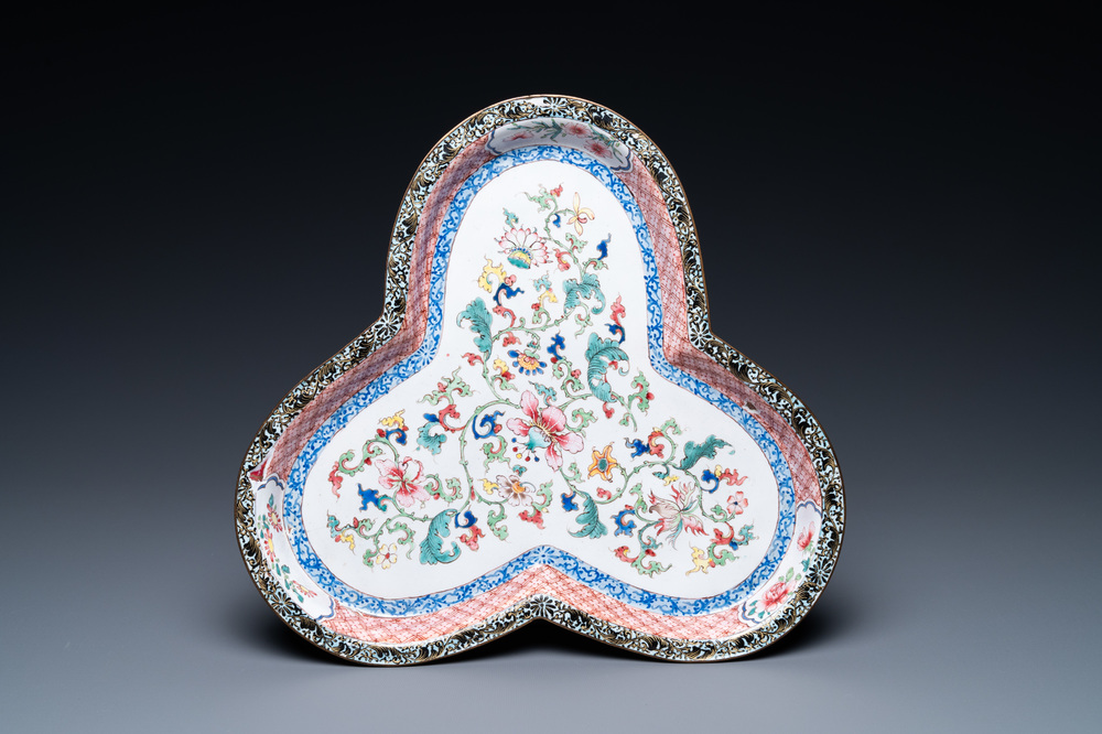 A three-lobed Chinese Canton enamel dish, Qianlong