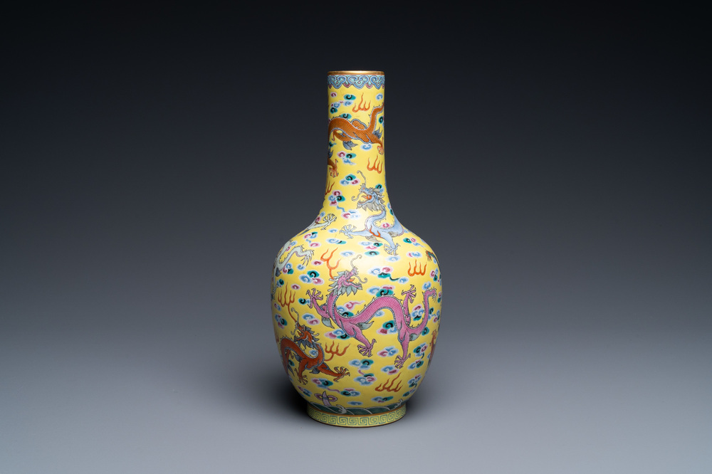 A Chinese yellow-ground famille rose 'dragon' vase, Daoguang mark, 19/20th C.