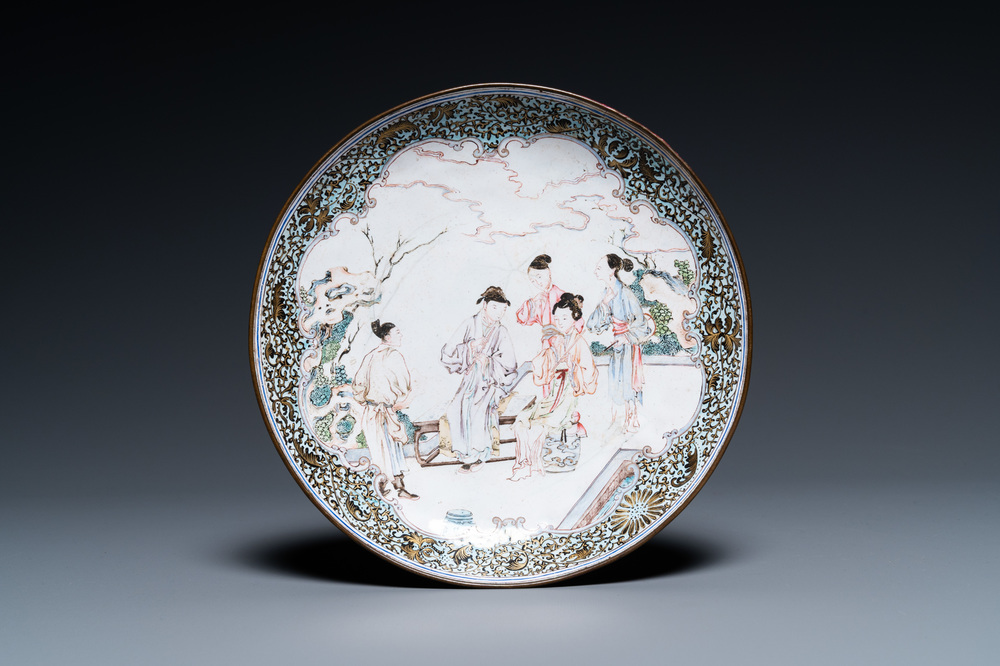 A Chinese 'ruby back' Canton enamel 'musicians' plate, Yongzheng